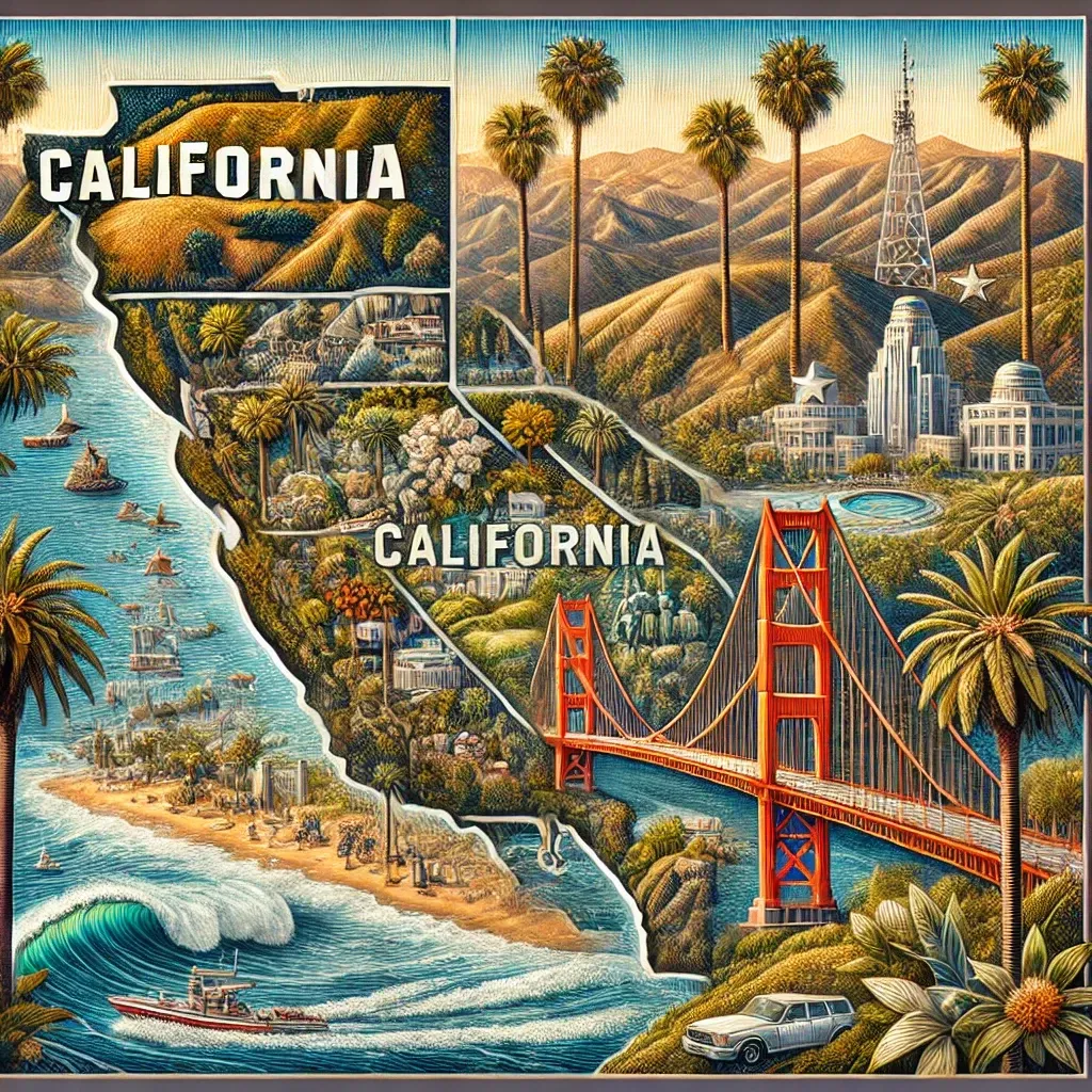 A red car is driving down a street in front of the hollywood sign