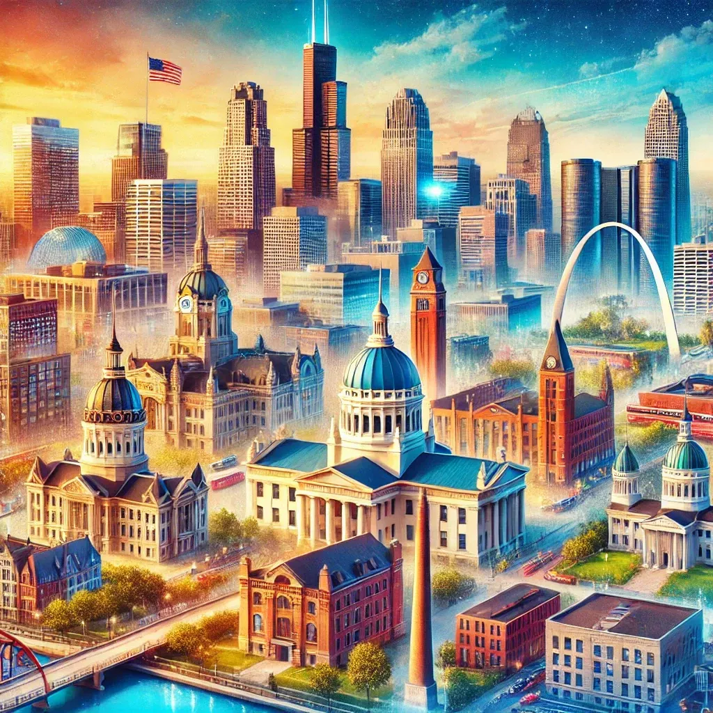 A large silver sculpture in a park with buildings in the background