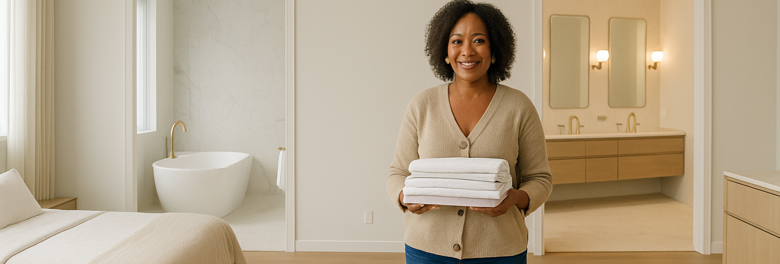 Black Woman holding linens in front of bathroom and bedroom