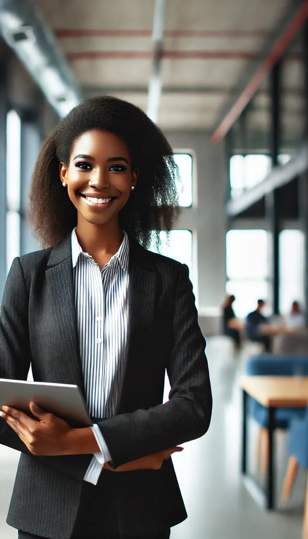 A woman in a suit is holding a tablet and smiling.
