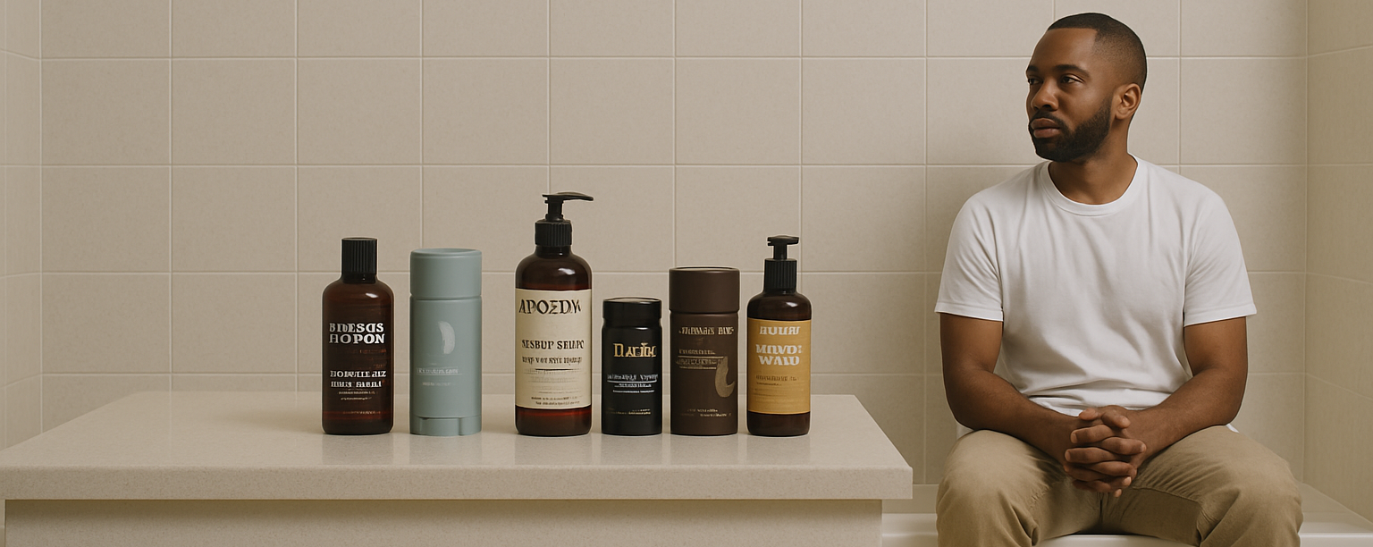 A black man is sitting on a toilet next to bottles of shampoo and conditioner.