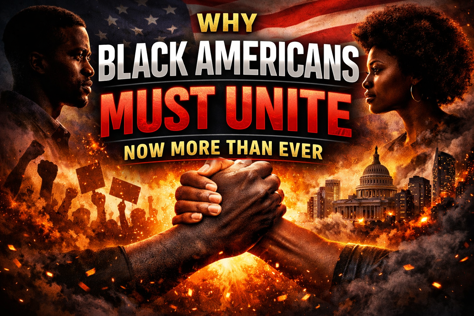 Black man and woman facing each other with clasped hands symbolizing unity and empowerment in Americ