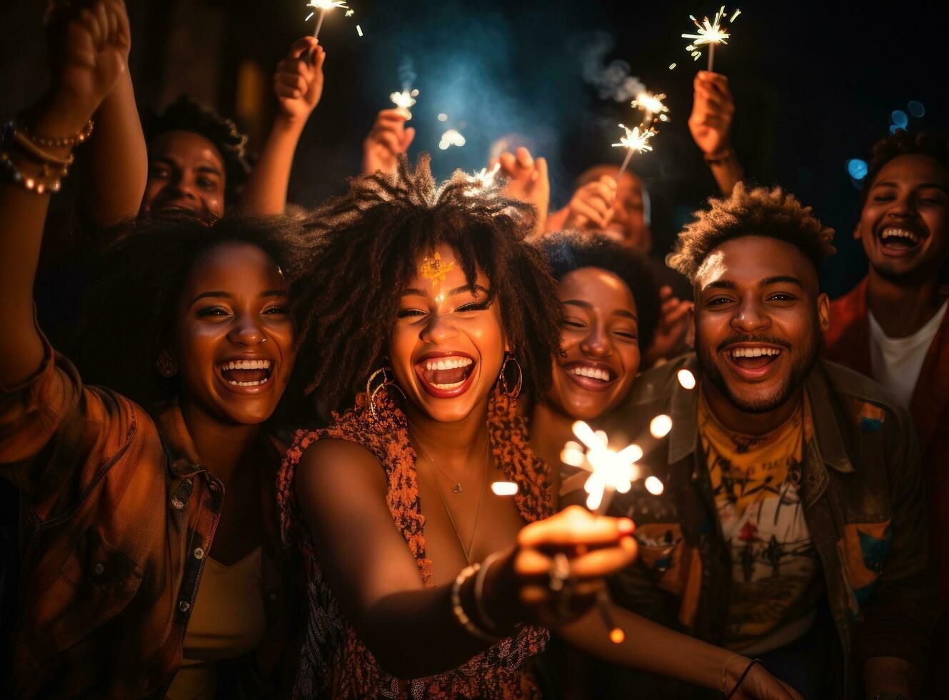 A group of people are holding sparklers in their hands and laughing.