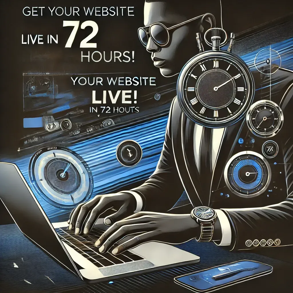 A man is typing on a laptop with the words get your website live in 72 hours