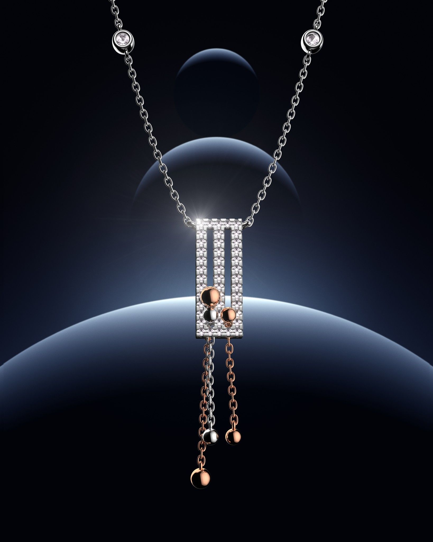 Collier pendentif en diamant et or au design géométrique, sur un fond sombre avec des orbes bleus.