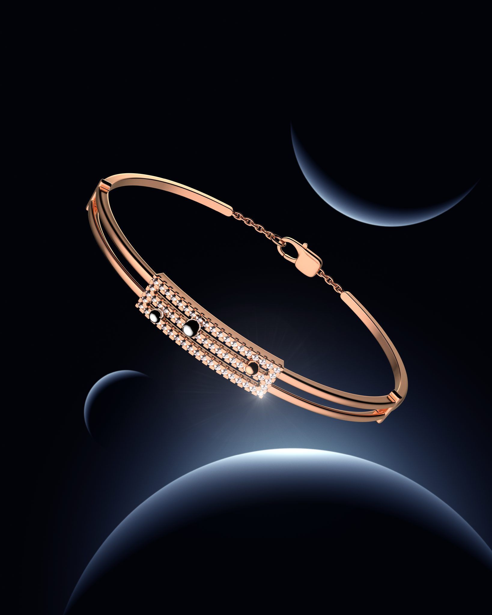 Bracelet en or rose avec diamants sur fond planétaire bleu foncé.