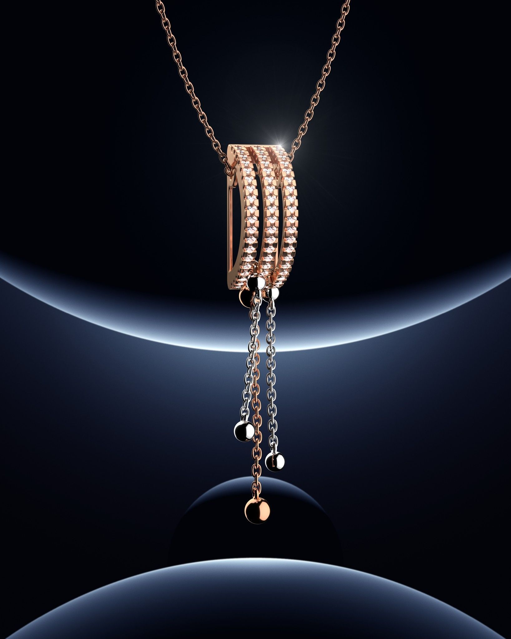 Collier en or rose avec pendentif superposé et breloques pendantes, sur fond sombre.