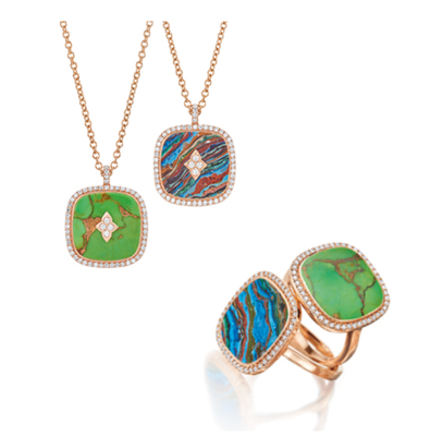 Colliers pendentifs ornés de bijoux en forme de poupées, avec des détails de pierres précieuses de différentes couleurs et des chaînes en or.