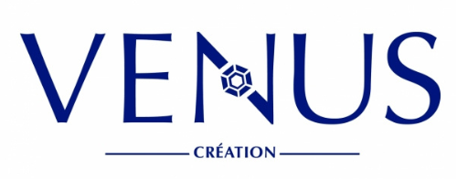 Logo avec le mot « VENUS » en bleu foncé, stylisé avec une pierre précieuse. « CRÉATION » en dessous, en plus petit.