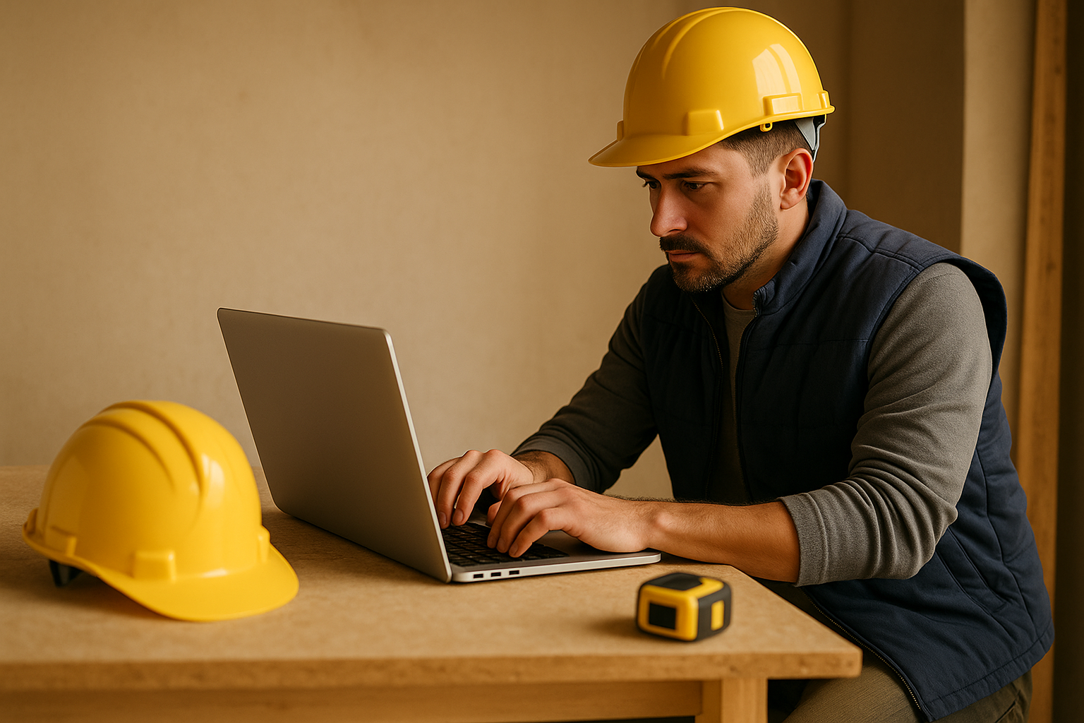 A man wearing a hard hat is using a laptop computer.
