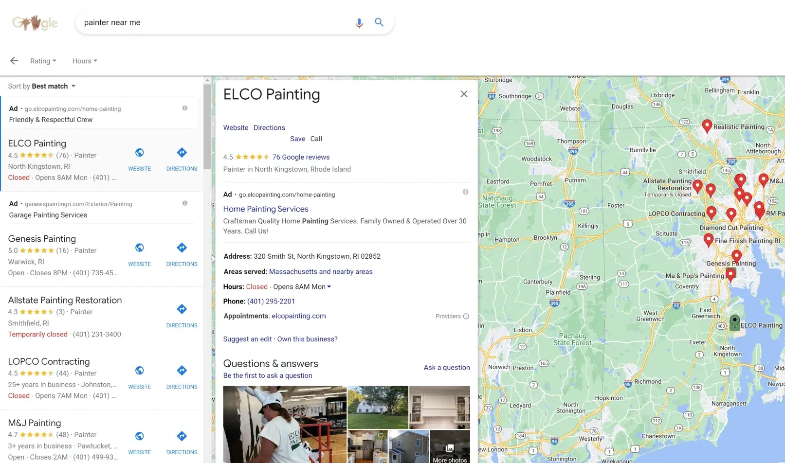 A screenshot of a google search page with a map next to it.