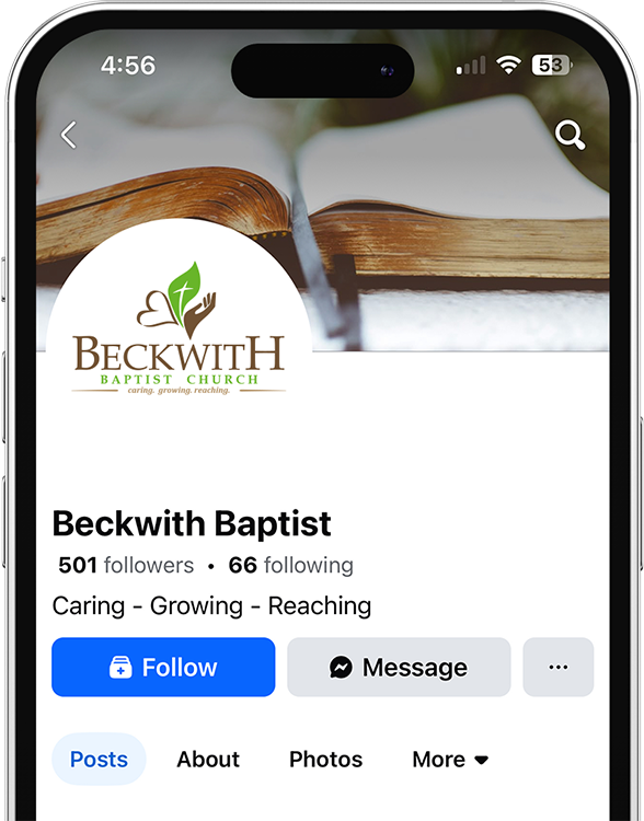 Facebook page of Beckwith Baptist church with logo and follow button.