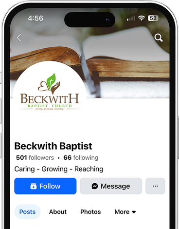 Facebook page of Beckwith Baptist church with logo and follow button.