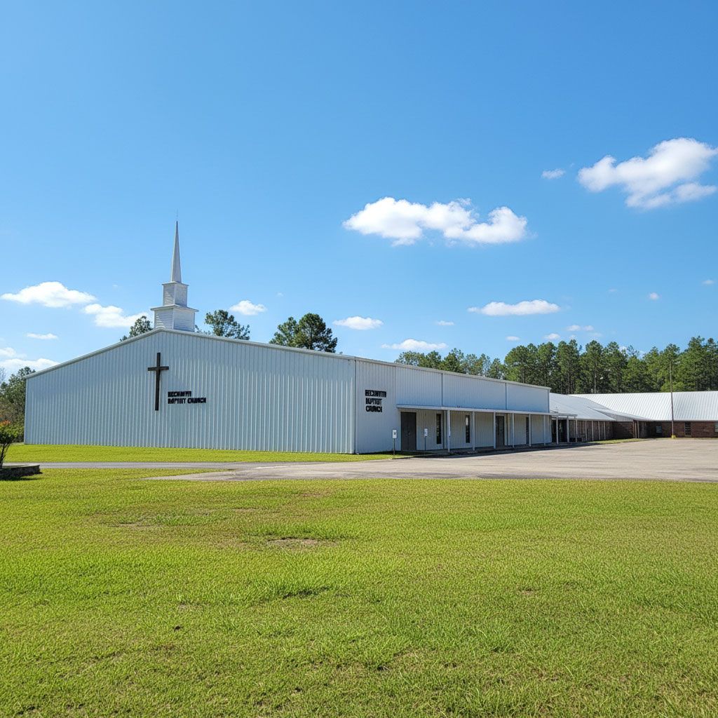 White church building with steeple on a grassy lot under a blue sky.