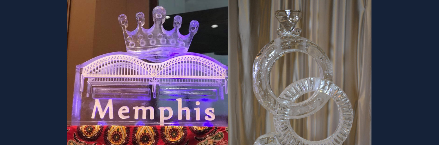 Memphis sign with a lit crown and intertwined rings glowing in purple and white lights