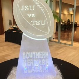 Illuminated trophy for JSU vs TSU Southern Heritage Classic in a lobby setting