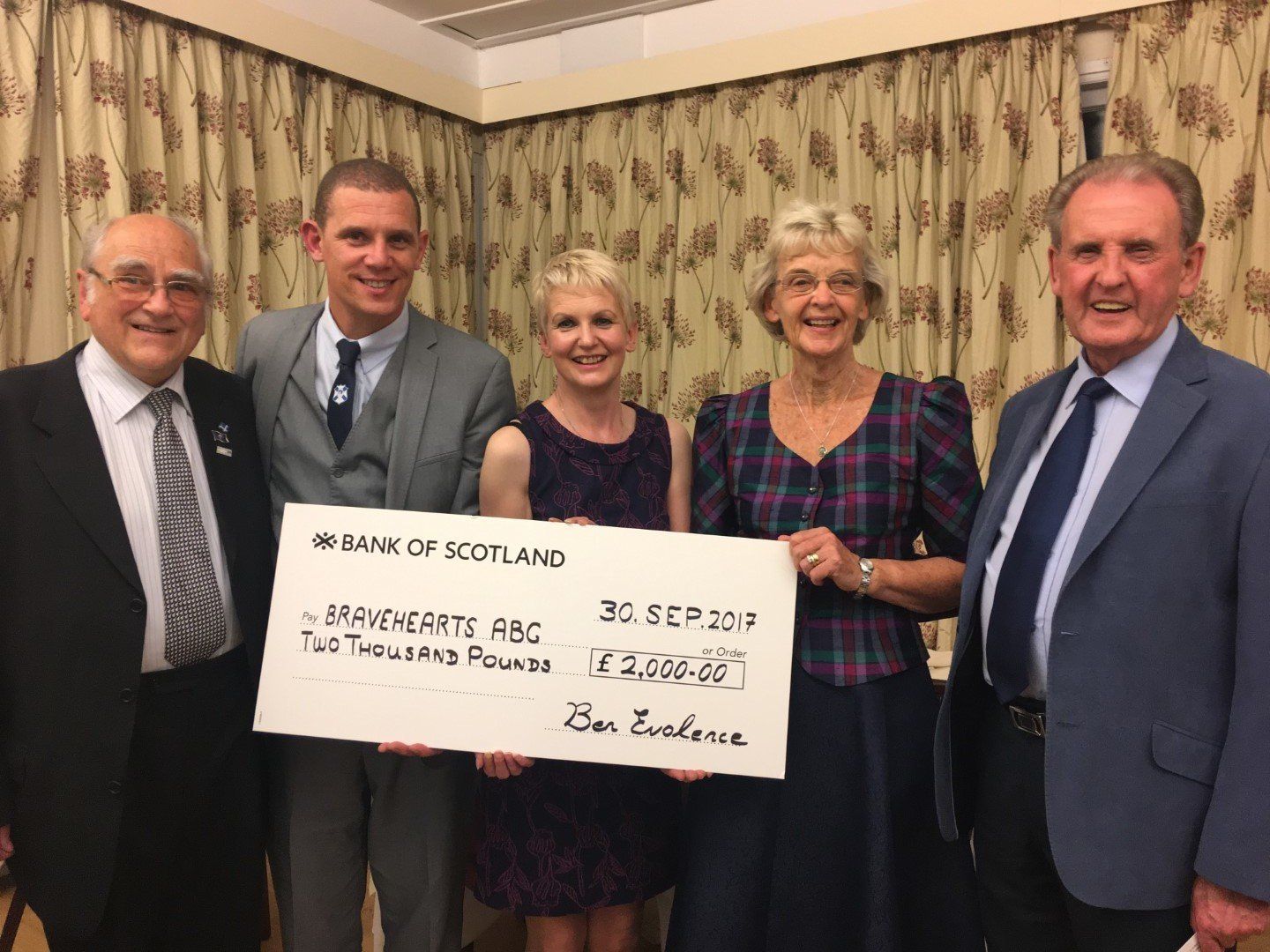 Drew Low, Tom Jolly, Una Jolly, Anne Rankin, Charlie Bennett with the award from the Association to Bravehearts, Murray Arms, Gatehouse of Fleet
