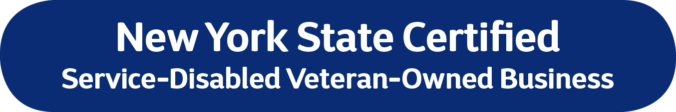 New York State Certified Service-Disabled Veteran-Owned Business badge in blue.