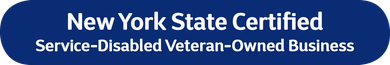 New York State Certified Service-Disabled Veteran-Owned Business badge in blue.