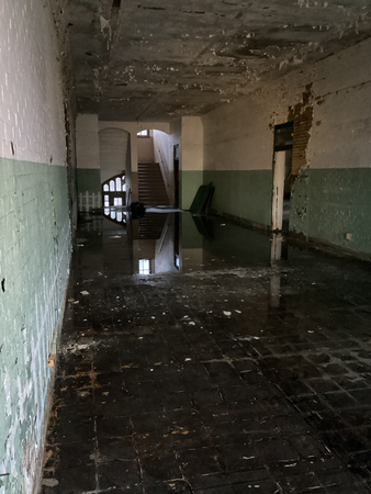 Dilapidated interior hallway with water on the floor, peeling paint, and a staircase in the distance.