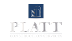 Logo for Platt Construction Services: Blue square with building silhouette, gray text: PLATT, CONSTRUCTION SERVICES.