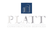 Logo for Platt Construction Services: Blue square with building silhouette, gray text: PLATT, CONSTRUCTION SERVICES.