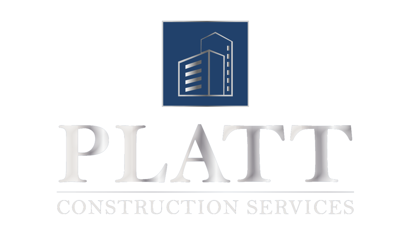 Logo for Platt Construction Services: Blue square with building silhouette, gray text: PLATT, CONSTRUCTION SERVICES.