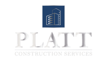 Logo for Platt Construction Services: Blue square with building silhouette, gray text: PLATT, CONSTRUCTION SERVICES.
