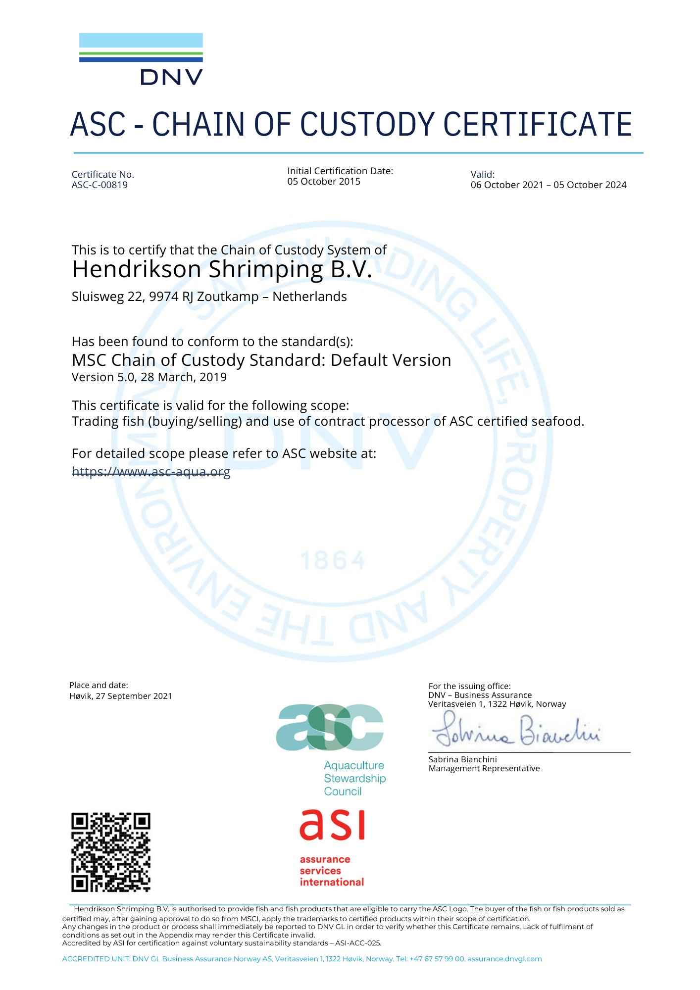 ASC-Chain-of-Custody-Zertifikat von DNV für Hendrikson Shrimping BV mit ASC- und ASI-Logos.