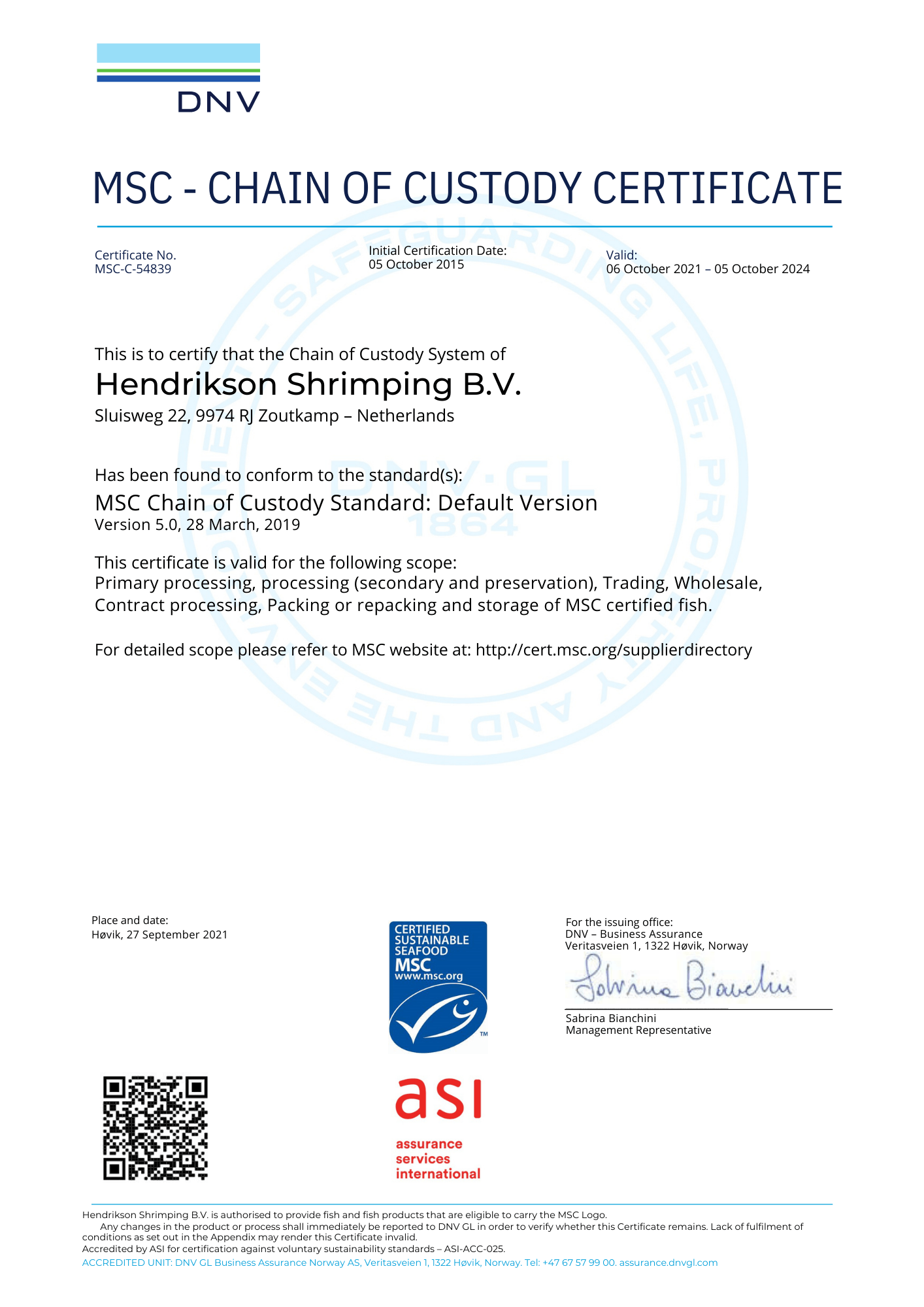 MSC-Produktkettenzertifikat für Hendriksen Sluismais BV, Niederlande, mit blauem MSC-Logo und DNV-Stempel.