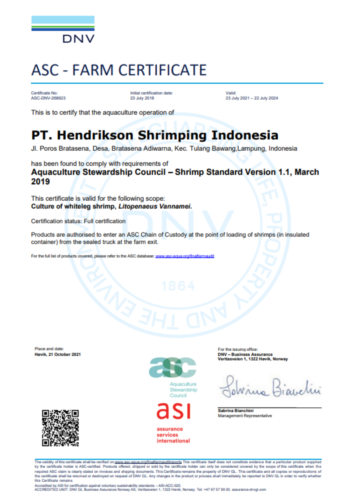 ASC-Farm-Zertifikat für PT. Hendrikson Shrimping Indonesia. Details zur Zertifizierung, einschließlich der verwendeten Normversion.