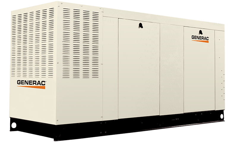 Cream-colored Generac standby generator with black base, vents, and logo on side.