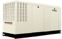 Cream-colored Generac standby generator with black base, vents, and logo on side.