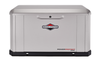 Briggs & Stratton PowerProtect home generator in a gray enclosure.