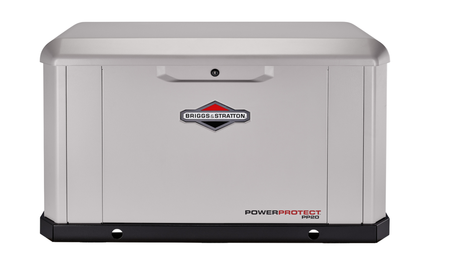 Briggs & Stratton PowerProtect home generator in a gray enclosure.