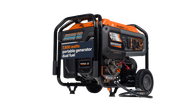 Orange and black portable dual fuel generator with wheels and a black frame.