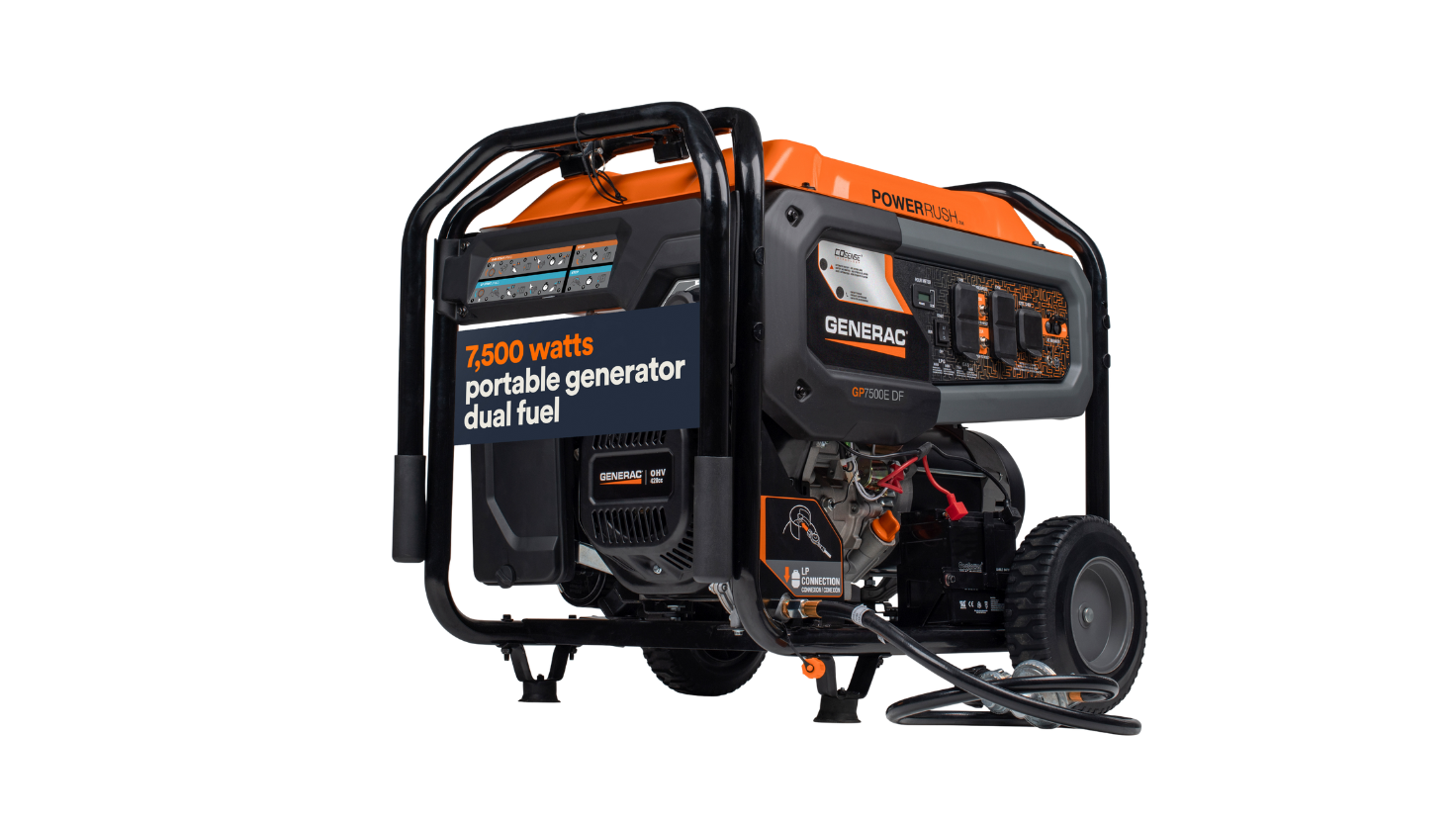 Orange and black portable dual fuel generator with wheels and a black frame.