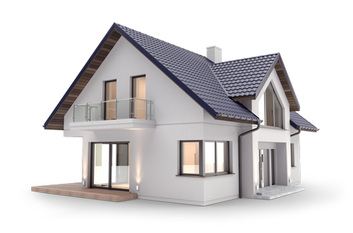Modern white house with a dark blue roof, balcony, and large windows.