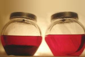 Two glass jars, one with dark red liquid, the other with lighter red liquid.