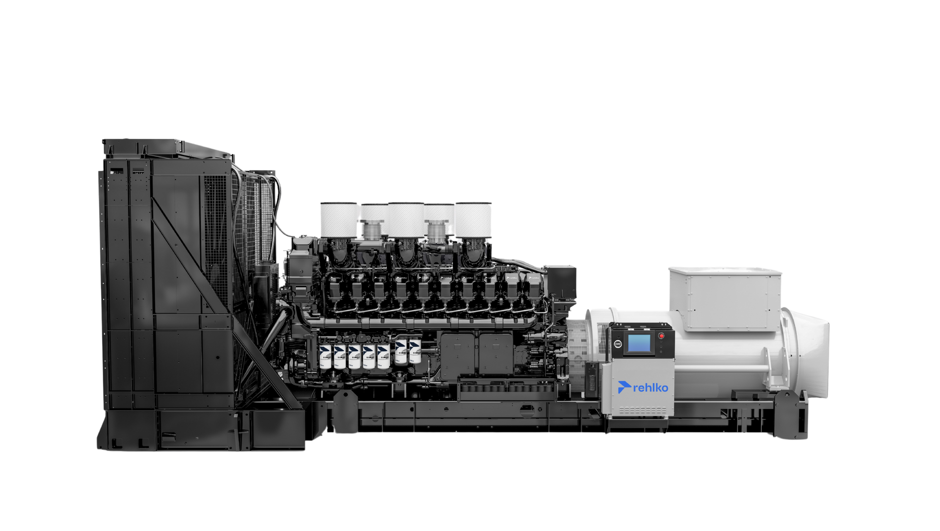 Large industrial diesel generator, dark gray, with white components; for backup power.