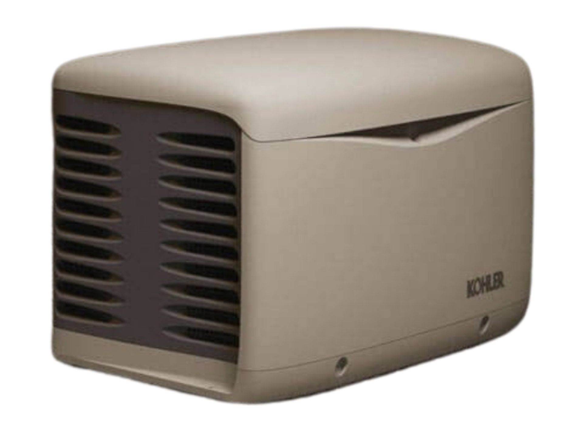 Beige Kohler home generator with dark vent on the left side.