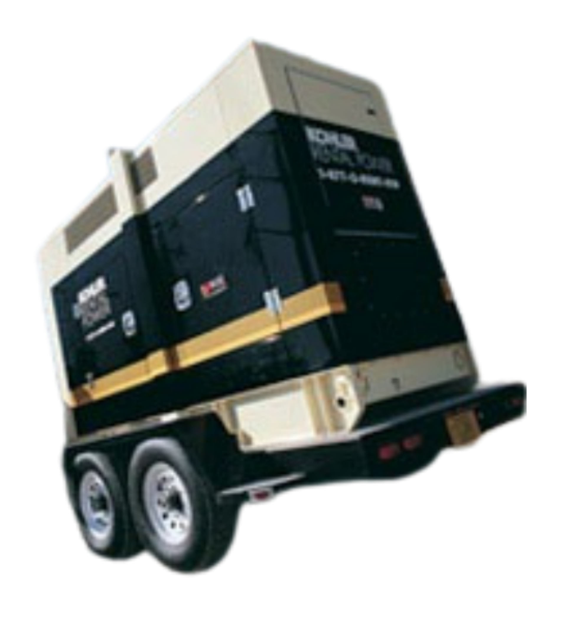 Black and beige Kohler generator on a trailer, angled, outdoors.