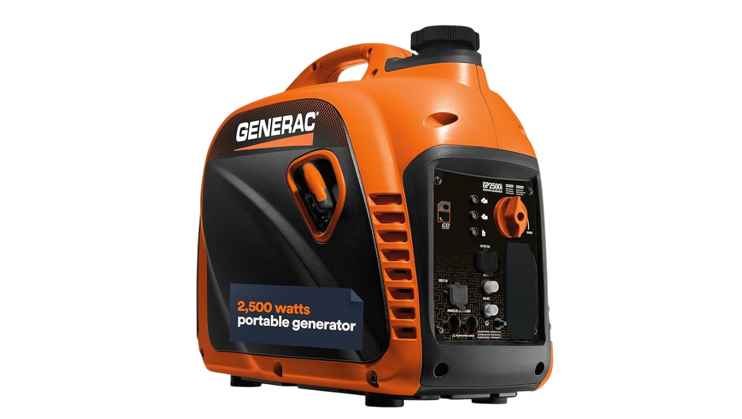 Orange and black Generac 2,200-watt portable generator with handle and control panel.