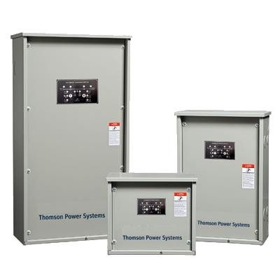Three gray Thomson Power Systems electrical enclosures of varying sizes.