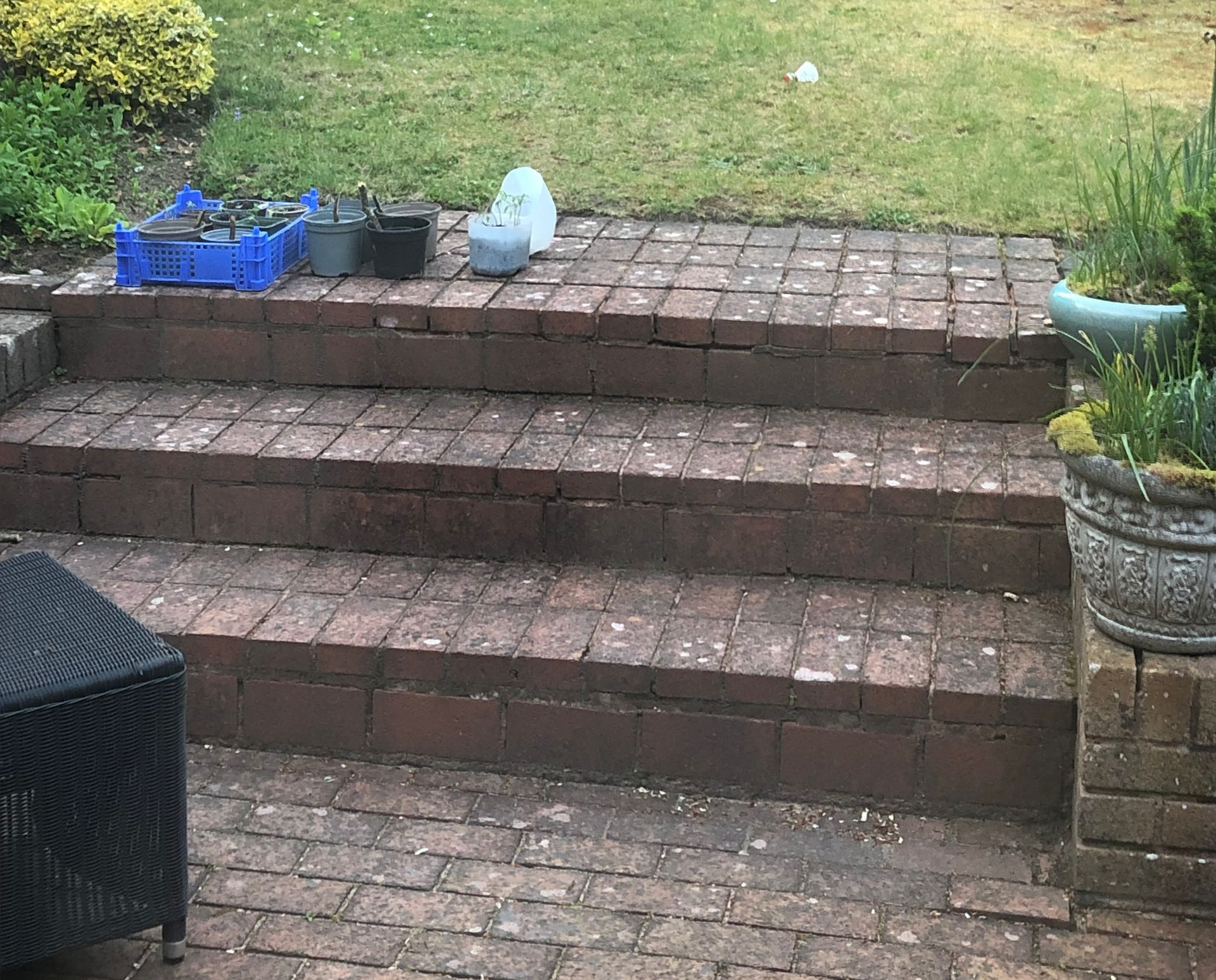 damaged garden steps with cracks and old bricks