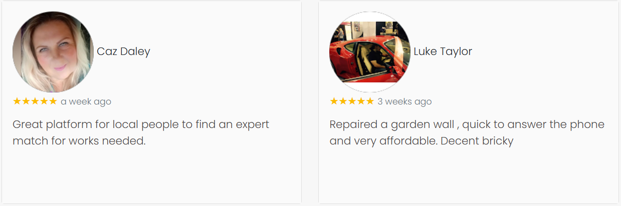 Two customer reviews with profile photos, stars, and text on a white background.