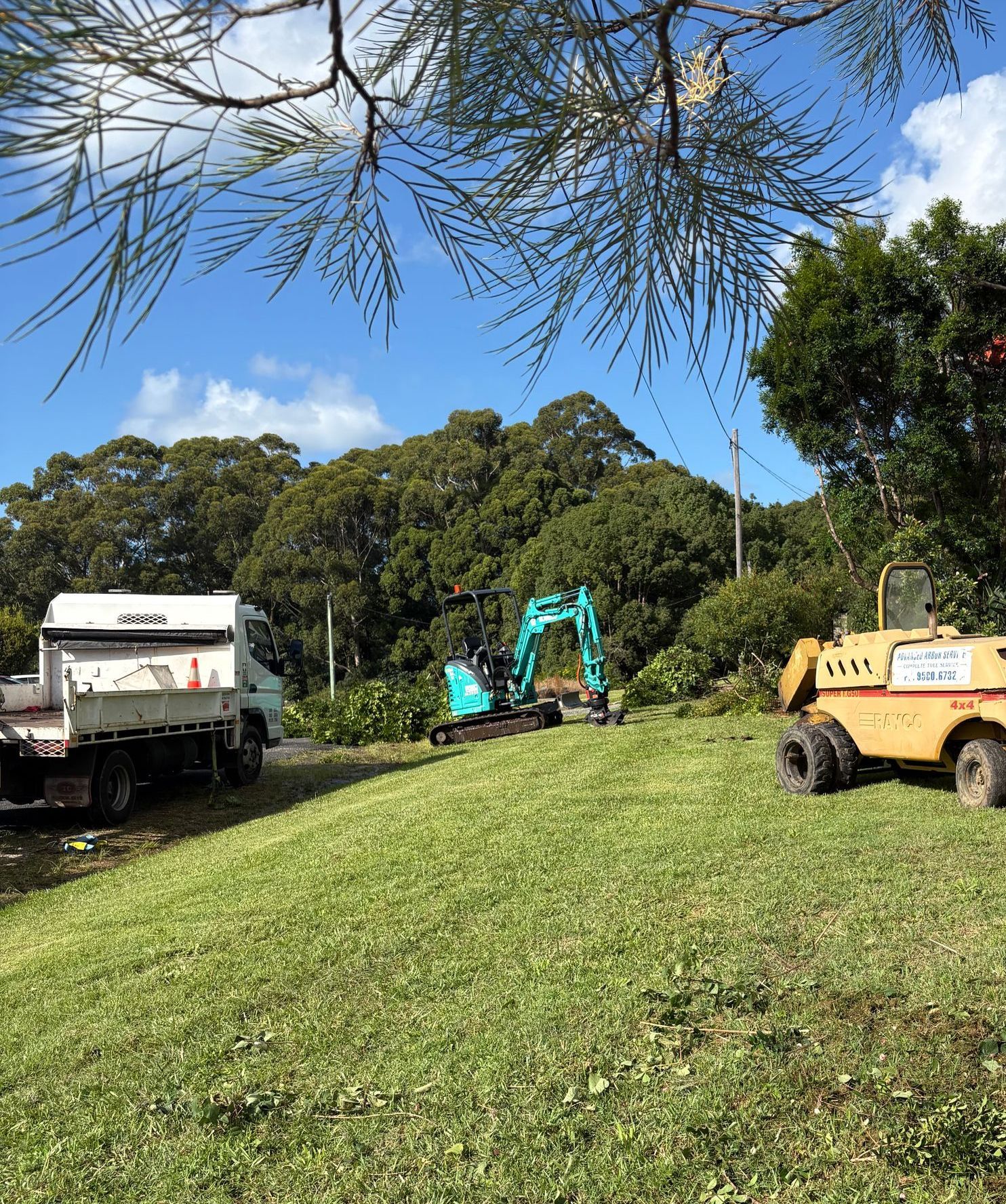 A truck and an excavator are parked in a grassy field — All One Arb Tree Service In Bonny Hills, NSW