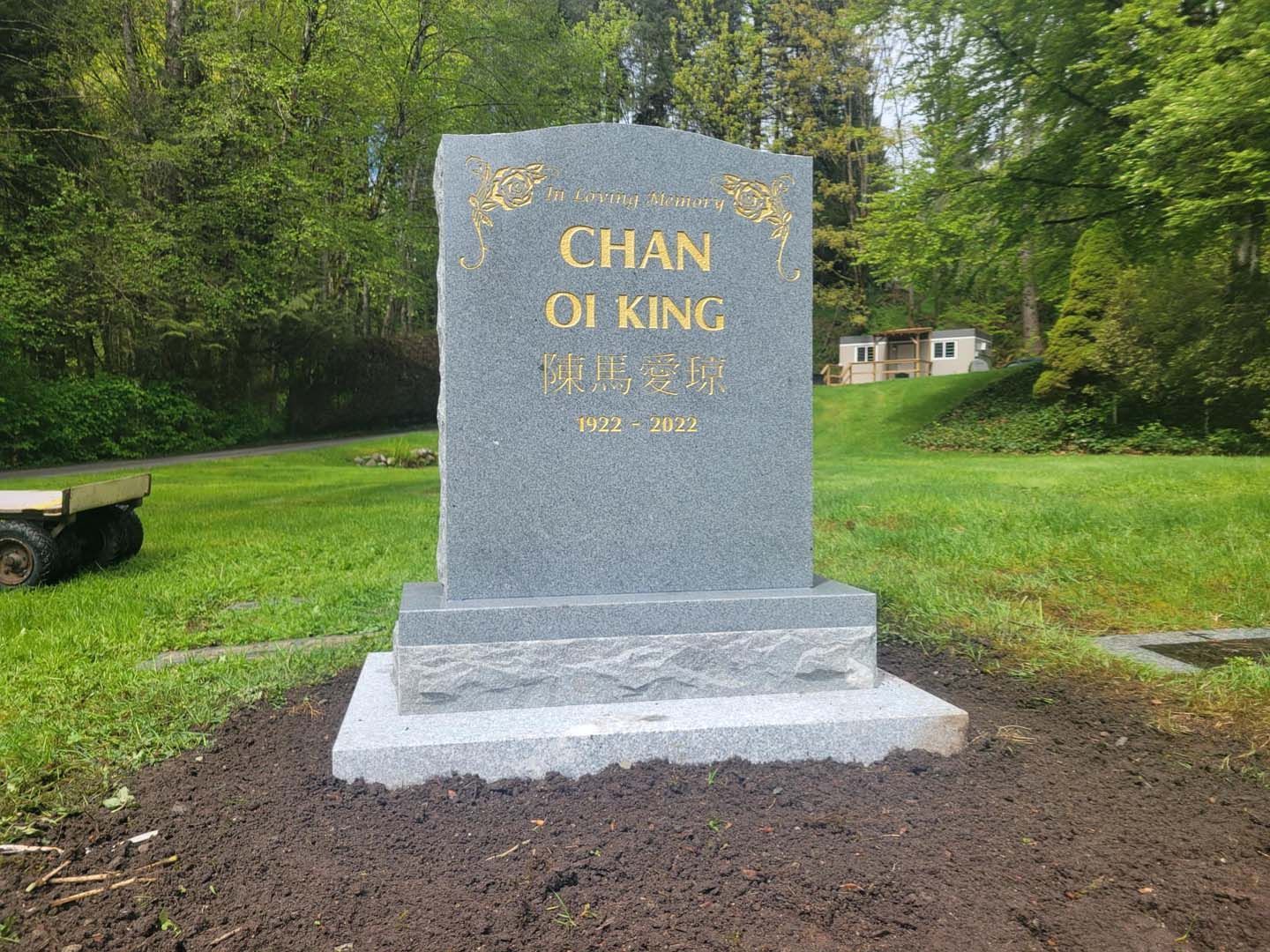 a gravestone for chan of king is sitting in the middle of a grassy field .