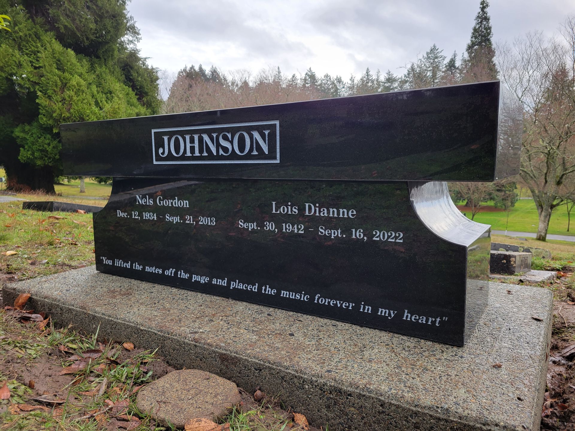 a black gravestone with the name johnson on it