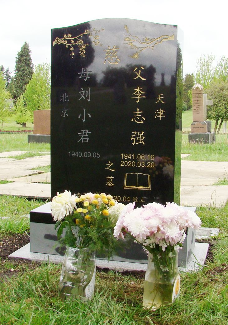 a grave with flowers in front of it in a cemetery